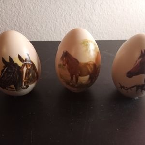 Handcrafted Eggzakly Porcelain 3.5" Horse Painted  Egg Figurines Set of 3